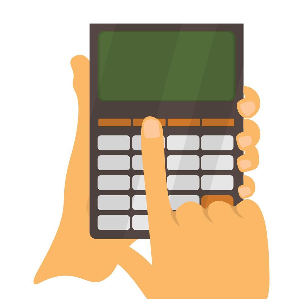 Hand holding, using calculator icon. Accountant calculating finance, counting, pressing buttons with finger. Economy, accounting concept. Flat vector illustration isolated on white background