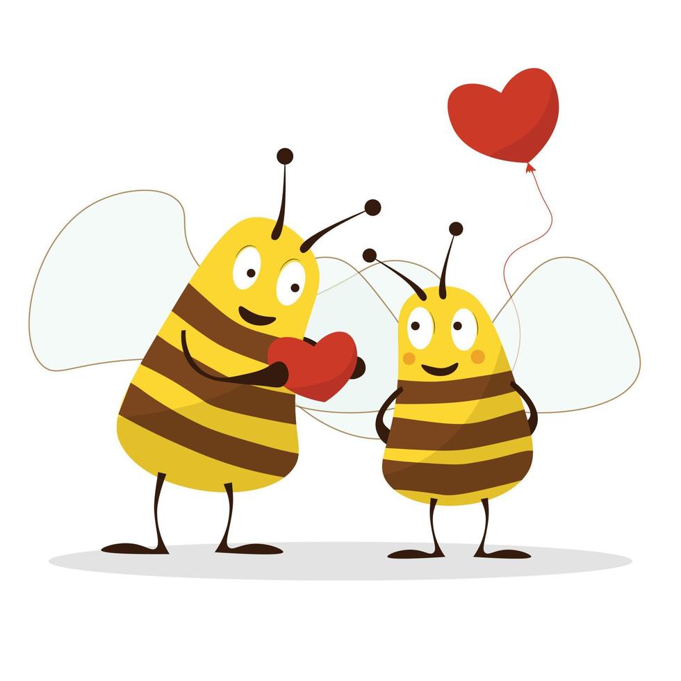 fondo del día de san valentín con lindos dibujos animados de abejas y símbolo de signo de corazón en la ilustración de vector de fondo blanco. amor abeja