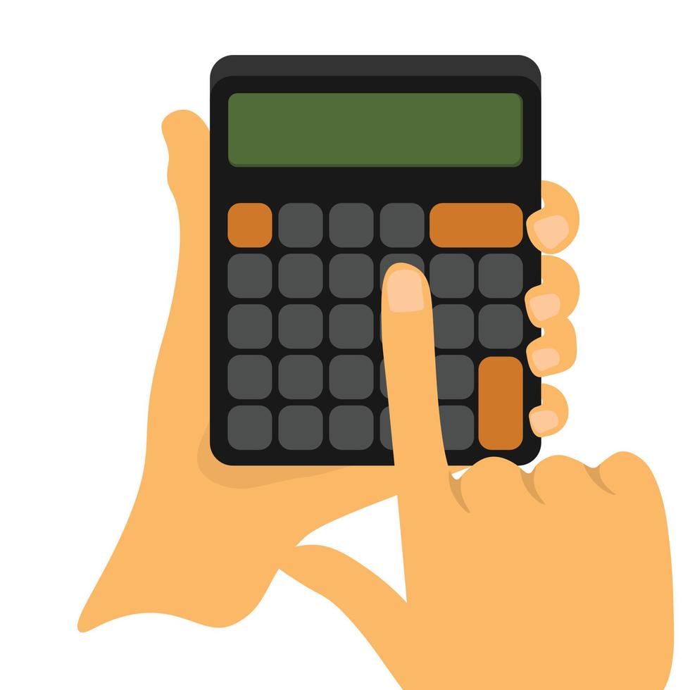 Hand holding, using calculator icon. Accountant calculating finance, counting, pressing buttons with finger. Economy, accounting concept. Flat vector illustration isolated on white background
