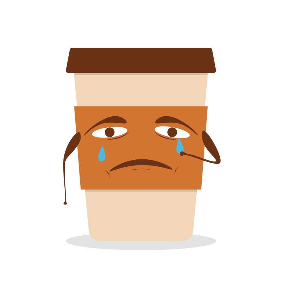 Cute sad, crying coffee paper cup. Vector flat cartoon character illustration icon design.Isolated on white background. Coffee to go, take away