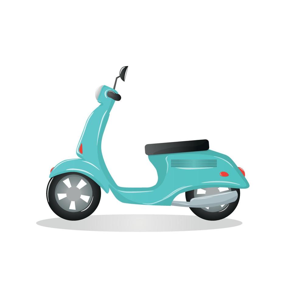 Blue retro scooter. Side view. Detailed image of an old motorcycle. Moped vector illustration isolated on white. Transport. Design element. For stickers, stickers, scrapbooking.