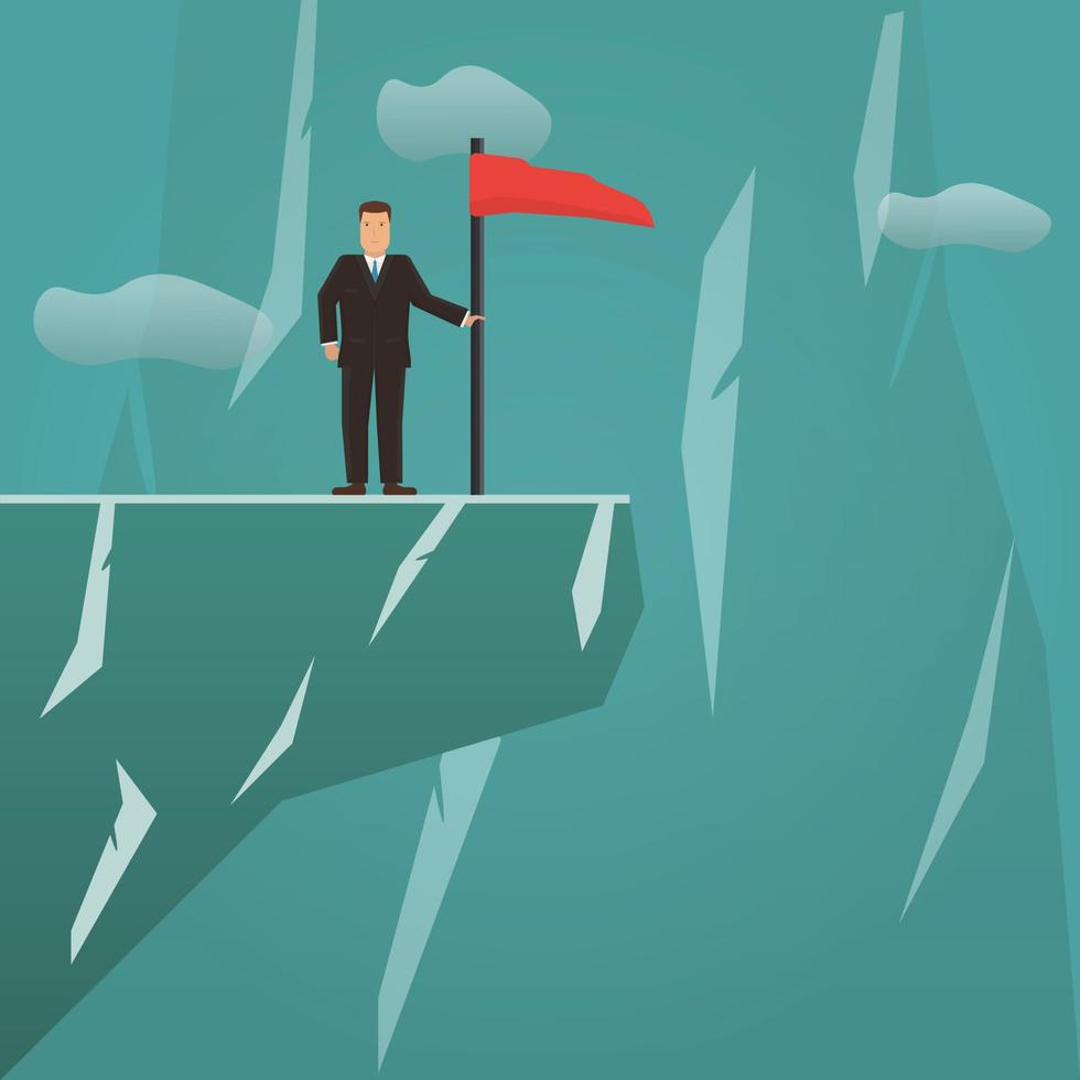 Businessman with suit at the top of the mountain peak with a red flag. Concept of success and achievement. Flat Vector Illustration.