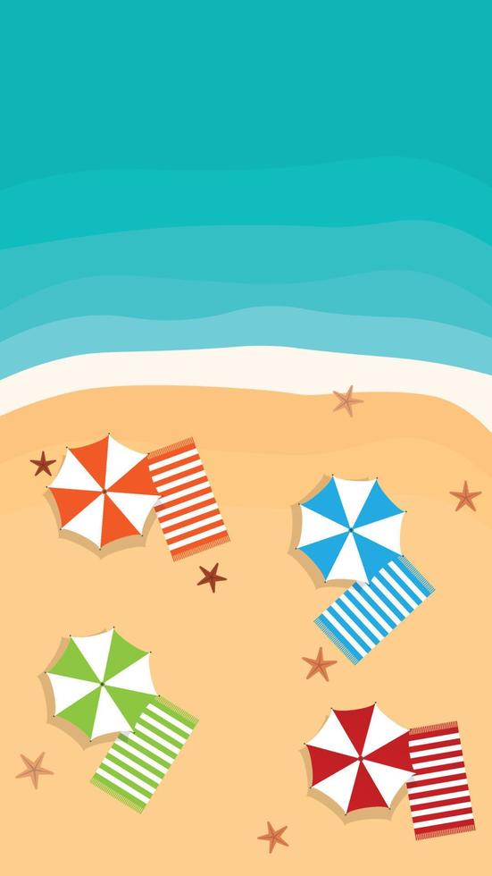 Beautiful beach with color umbrellas and towels on sand. Top view vector illustration