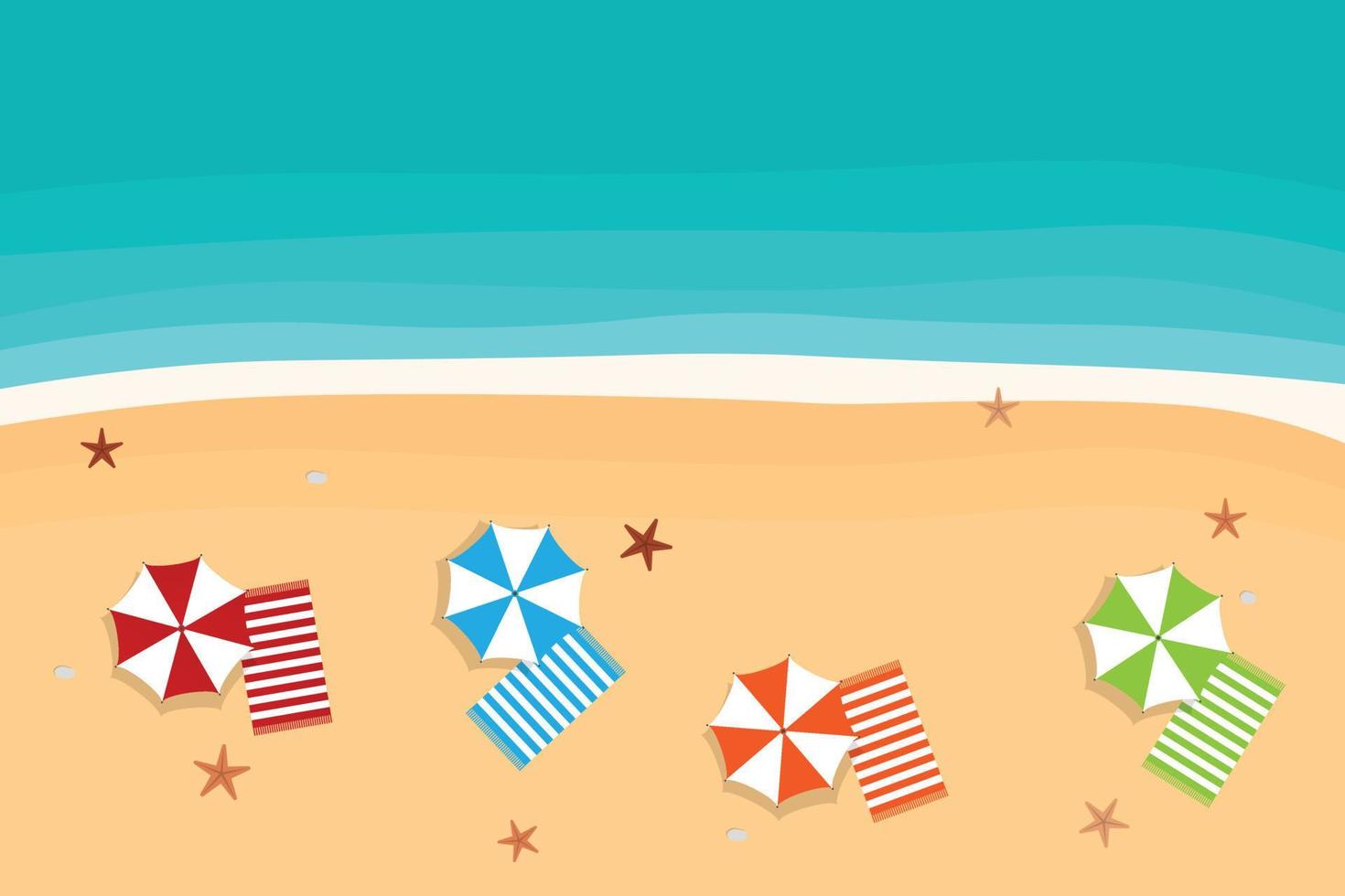 Beautiful beach with color umbrellas and towels on sand. Top view vector illustration