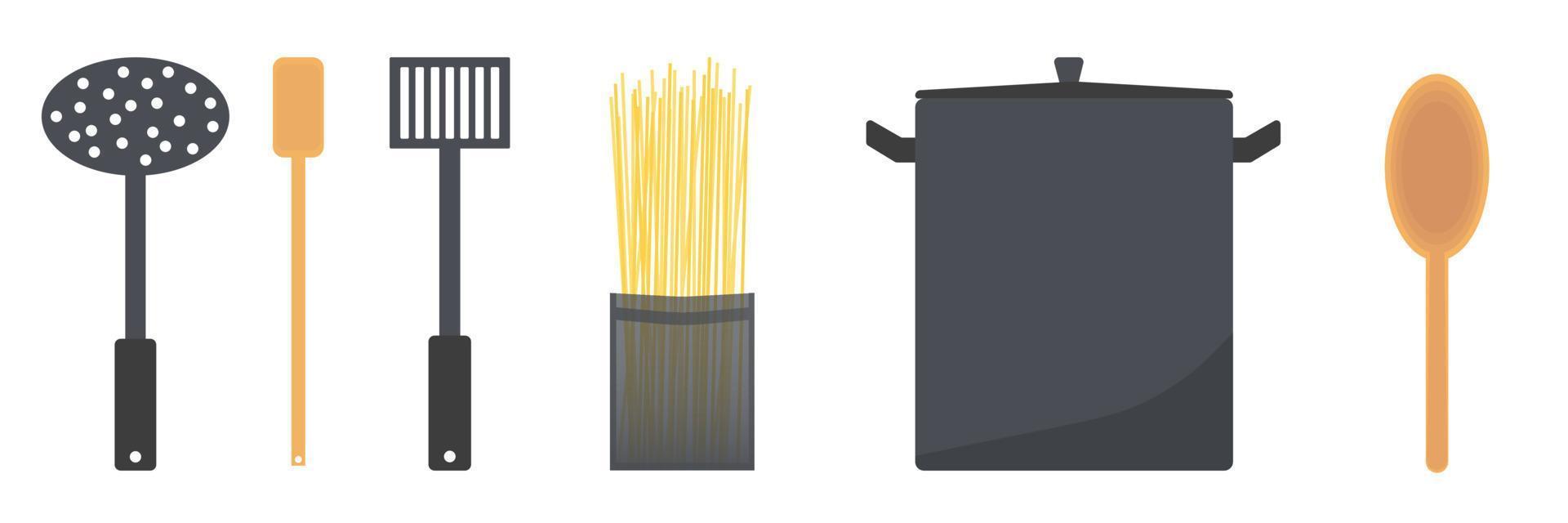 conjunto de utensilios y herramientas para cocinar spaghetti vector ilustración plana