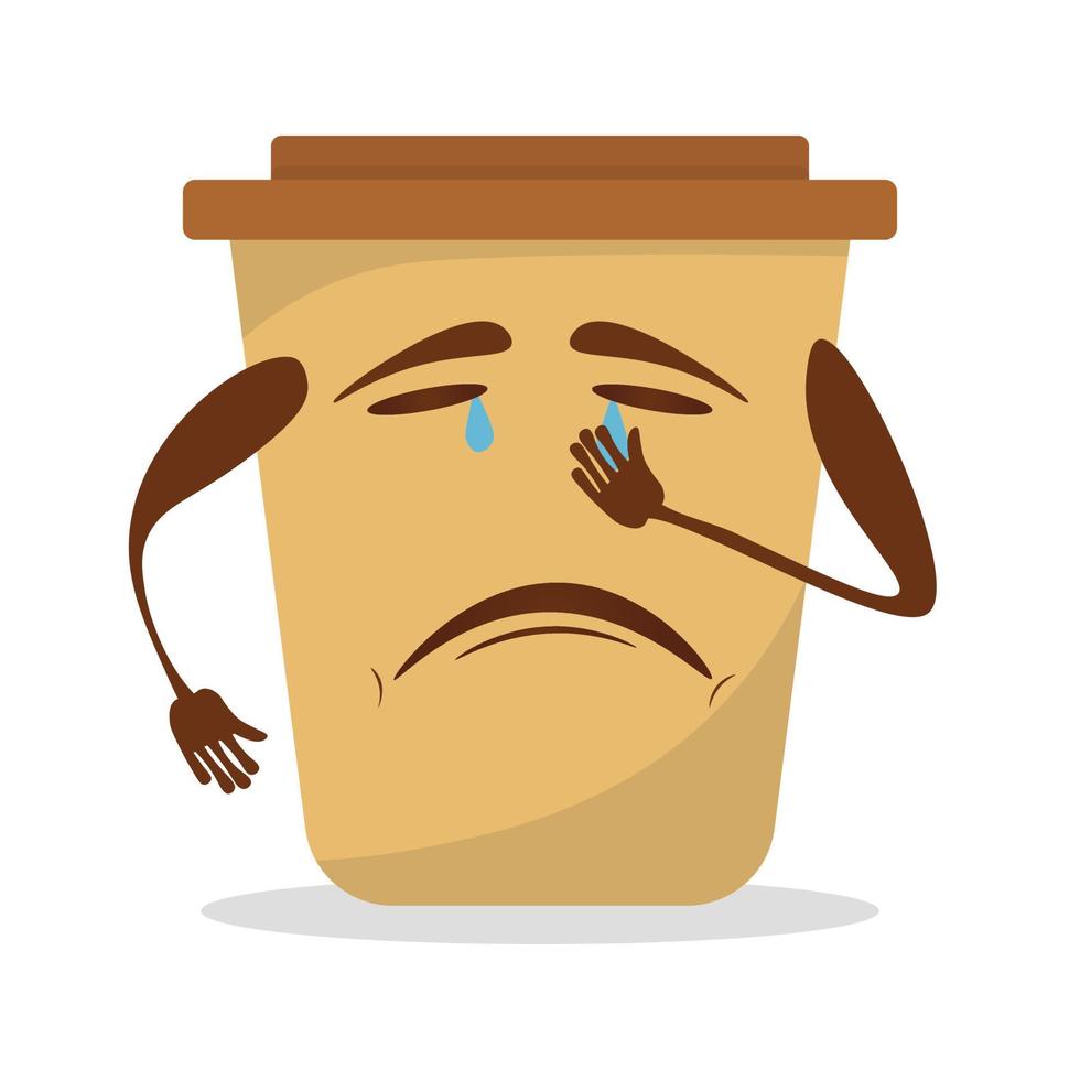 Linda taza de papel de café triste y llorando. diseño de icono de ilustración de personaje de dibujos animados plano vectorial.aislado sobre fondo blanco. café para llevar, llevar vector