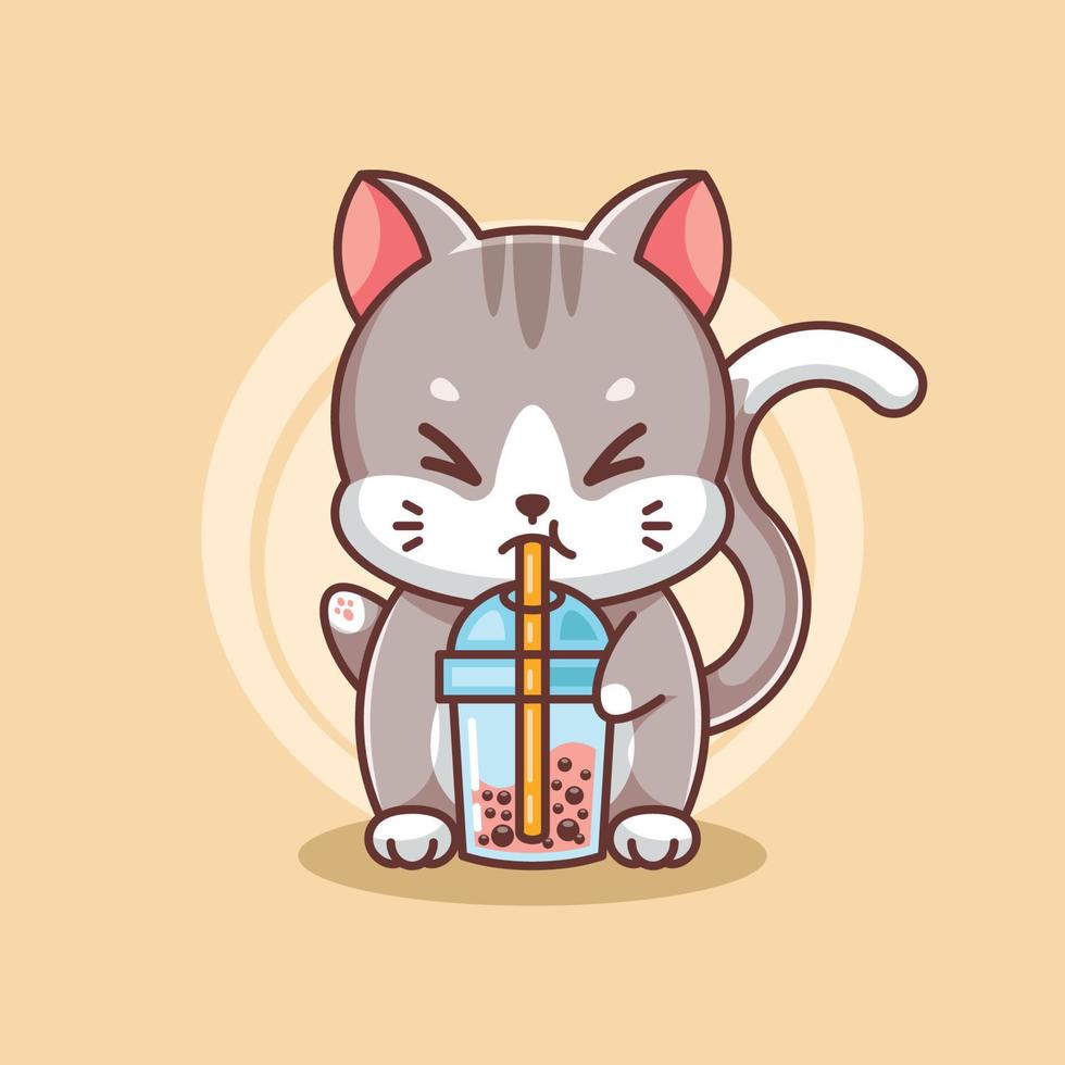 gato feliz bebiendo té con leche de burbujas vector