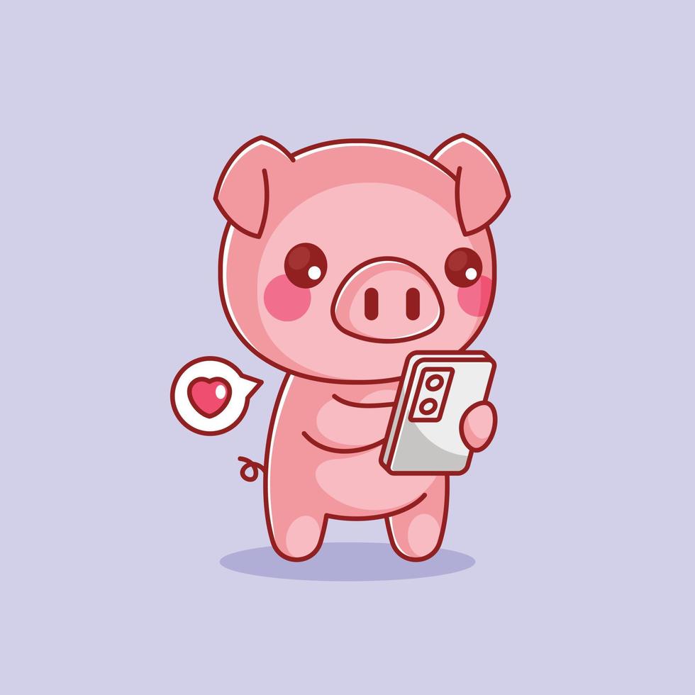 Cute pig playing phone cartoon vector