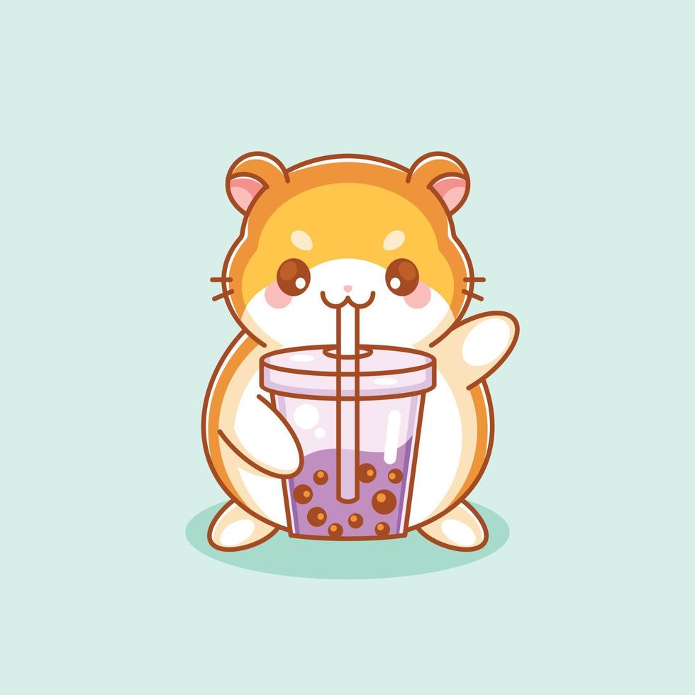 Cute hamster drinking bubble tea cartoon vector