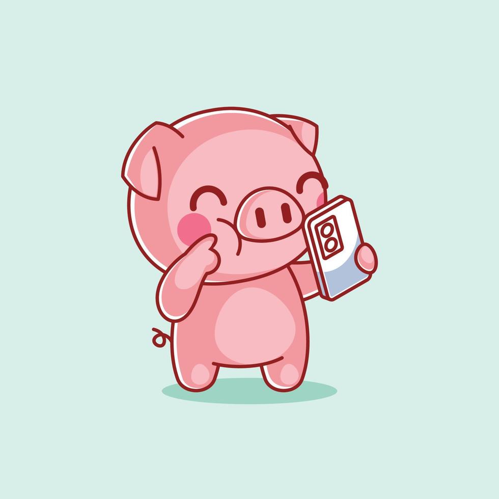 Cute pig taking selfie using a smartphone vector