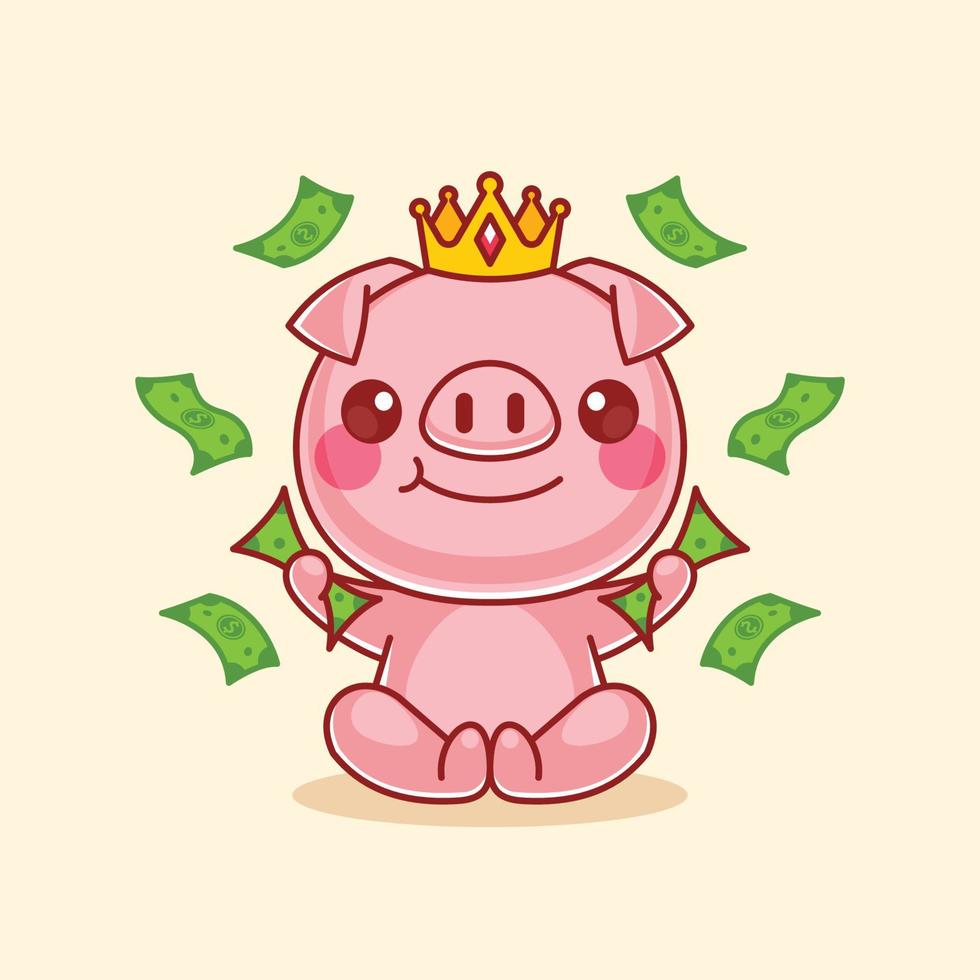 Cute pig king holding money vector