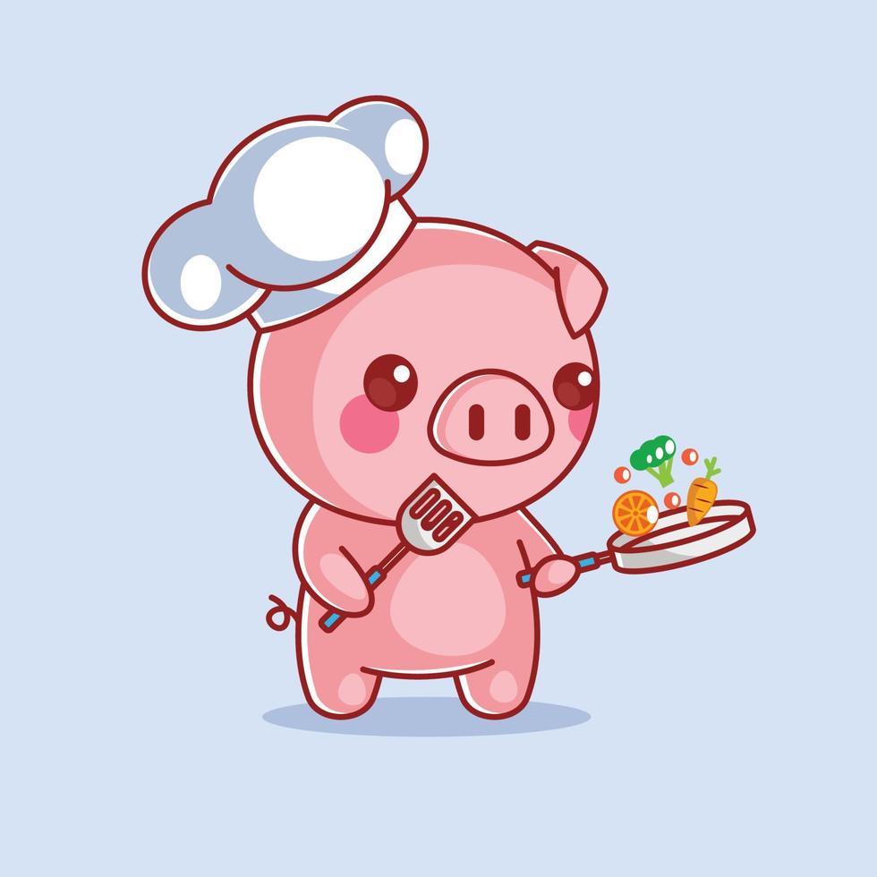 Cute pig chef is cooking food vector