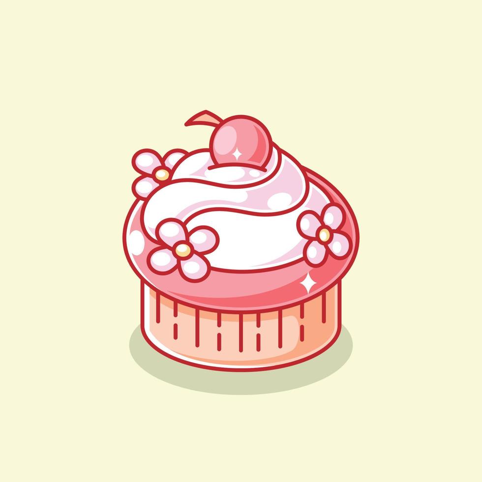 cupcake rosa con una cereza en la parte superior vector