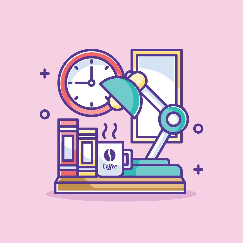 Cute workspace with book and lamp cartoon vector