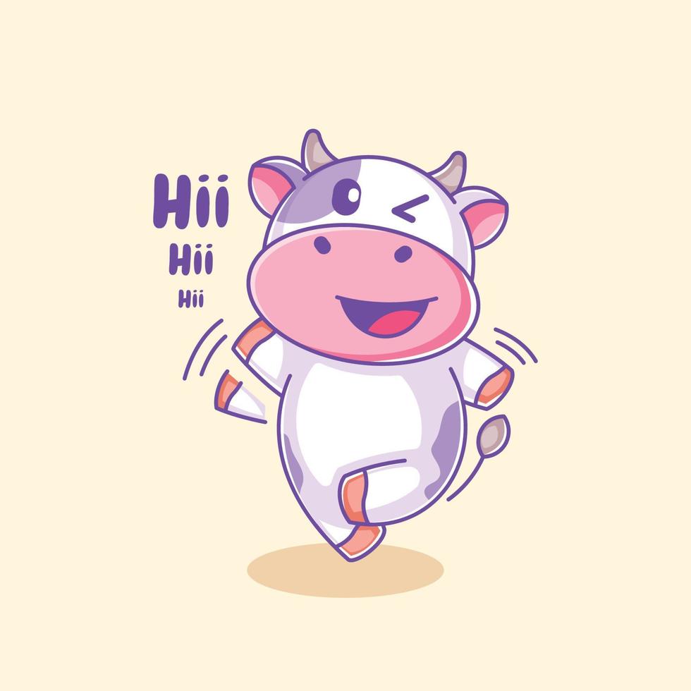 linda vaca sonriendo y saludando con la mano para decir hola vector