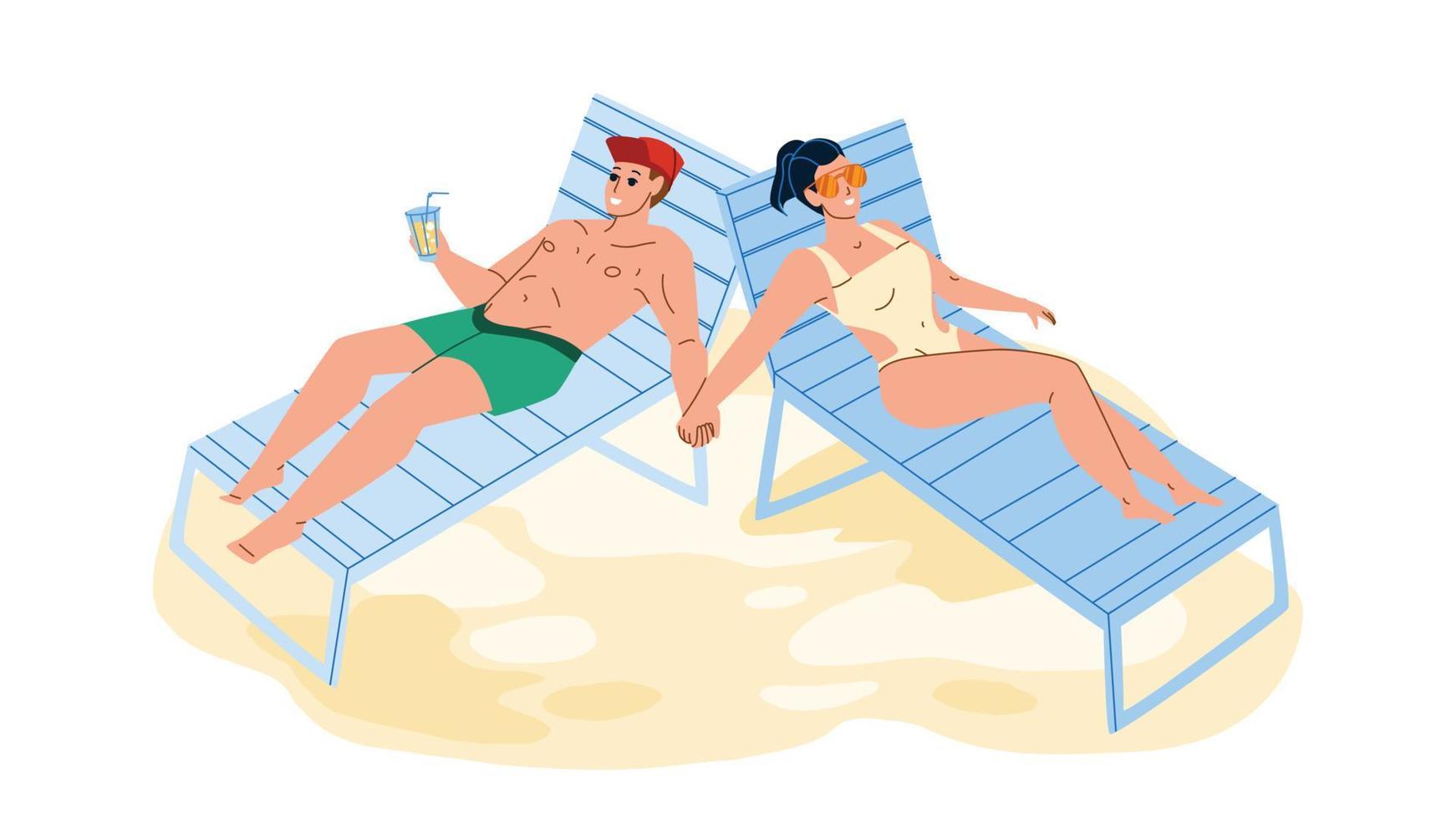 Couple Sunbathe Enjoy On Sea Beach Together Vector