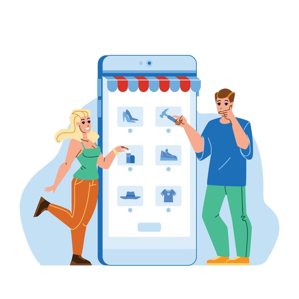 Couple Choosing Product In Smartphone App Vector