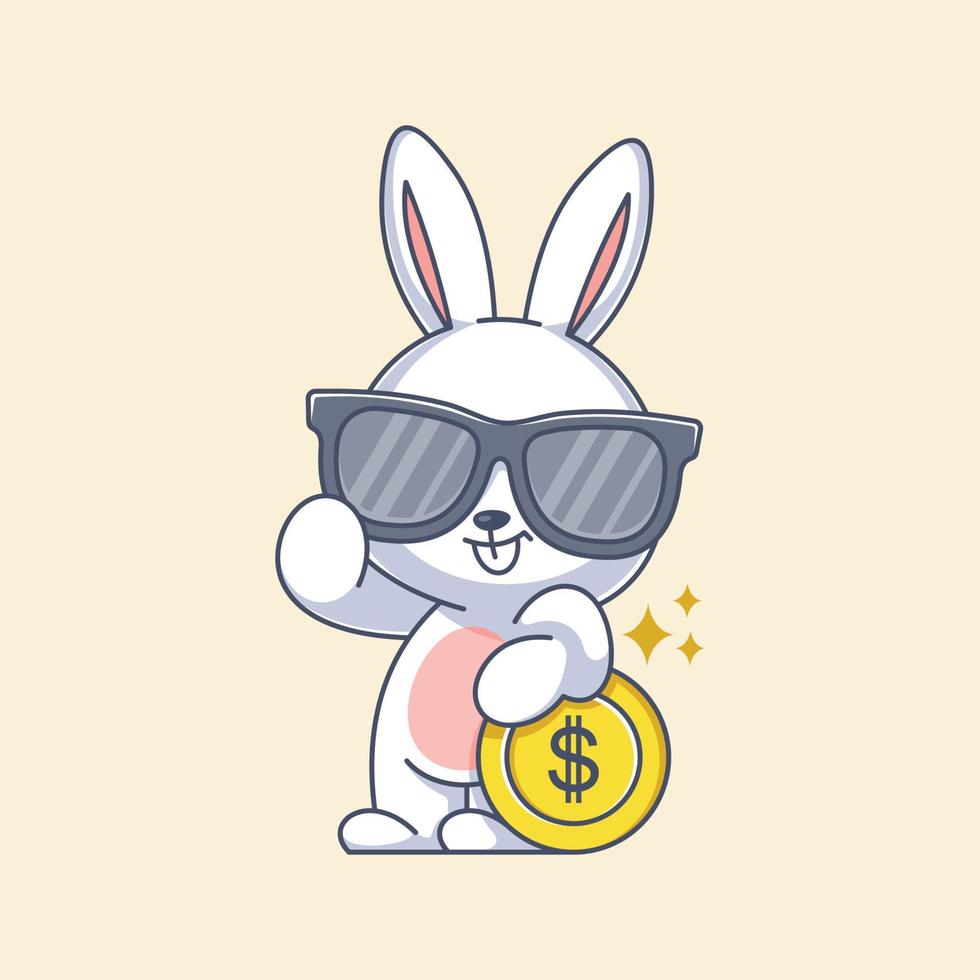 Cute bunny wearing glasses and leaning on a coin vector