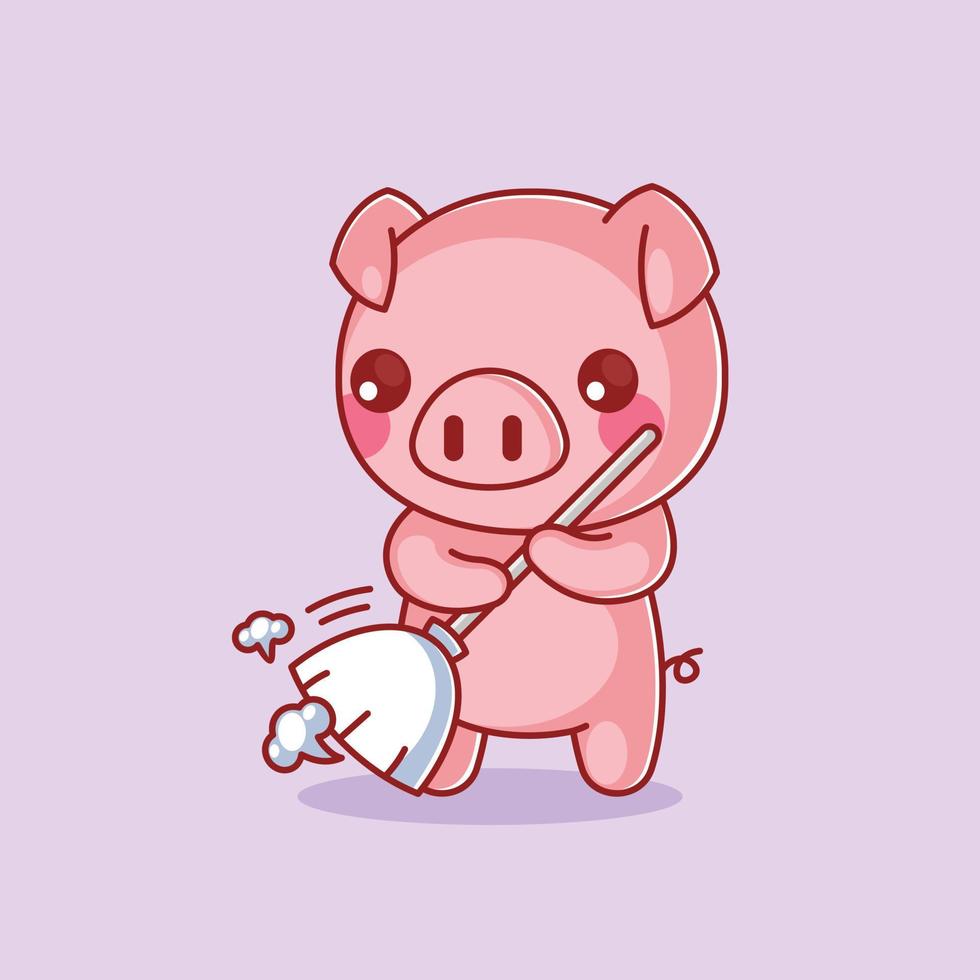 Cute pig is sweeping the floor vector