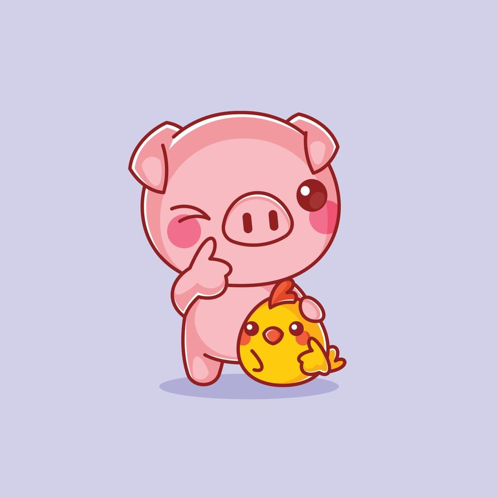 Cute pig with chicks gesturing showing thumbs up vector