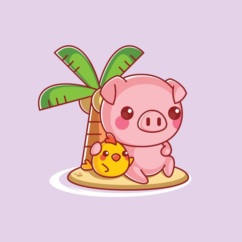 Cute pig with friends on a beach vacation vector