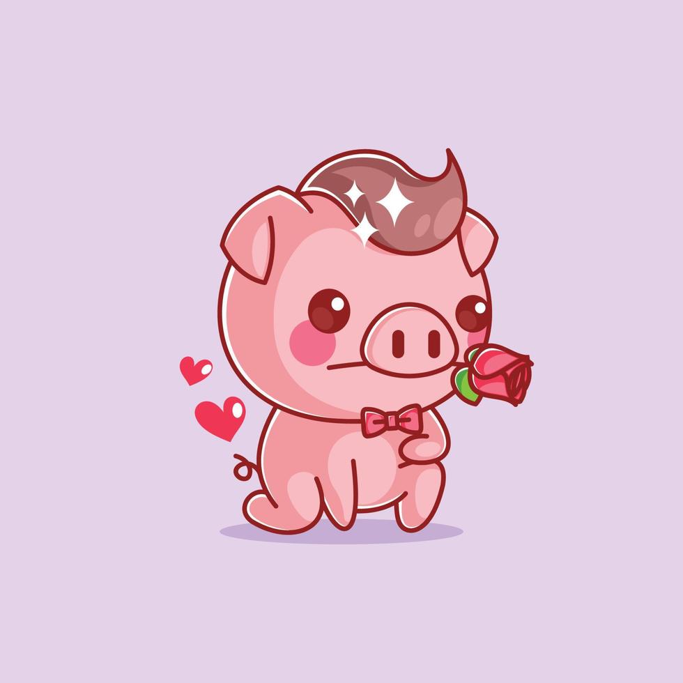 Cute pig wants to give roses vector