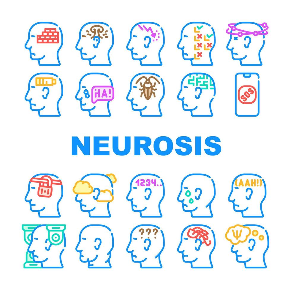 Neurosis Brain Problem Collection Icons Set Vector