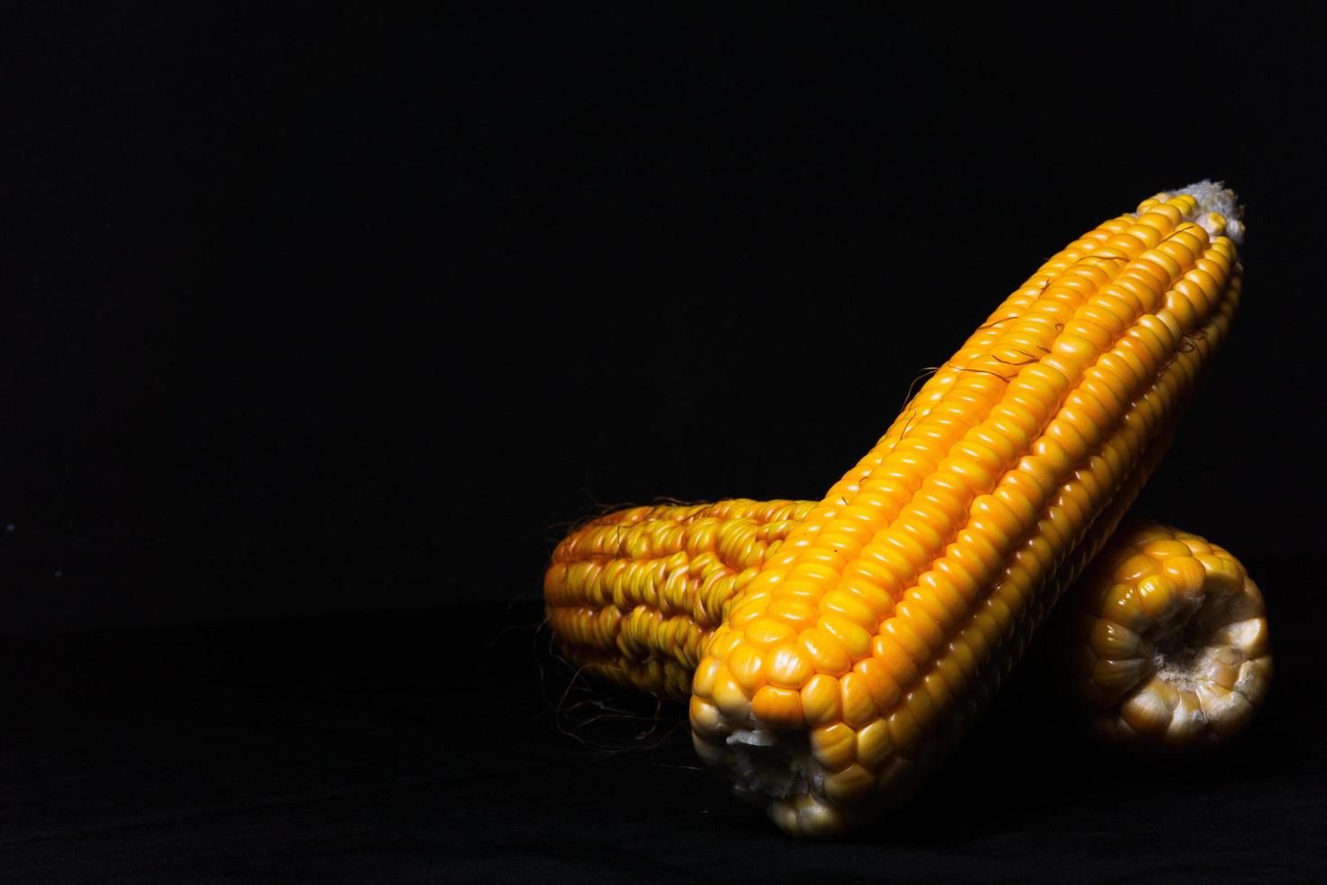 foto de mazorcas de maíz frescas sobre fondo negro. adecuado para el fondo de diseño de menús de alimentos saludables, alimentos orgánicos y productos agrícolas para veganos.