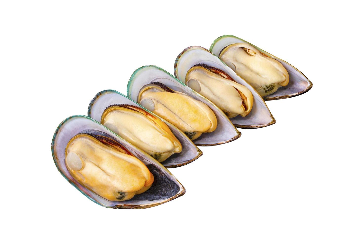 5 fresh peeled New Zealand mussels arranged isolated on a white background. popular seafood. Large New Zealand mussels prepared for cooking. photo