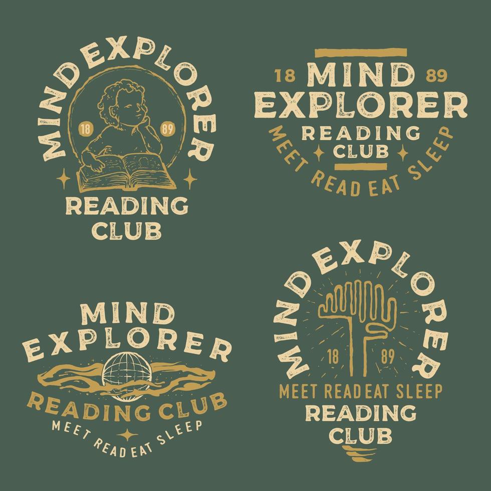 mind explorer club de lectura retro vintage plantilla de logotipo dibujado a mano vector