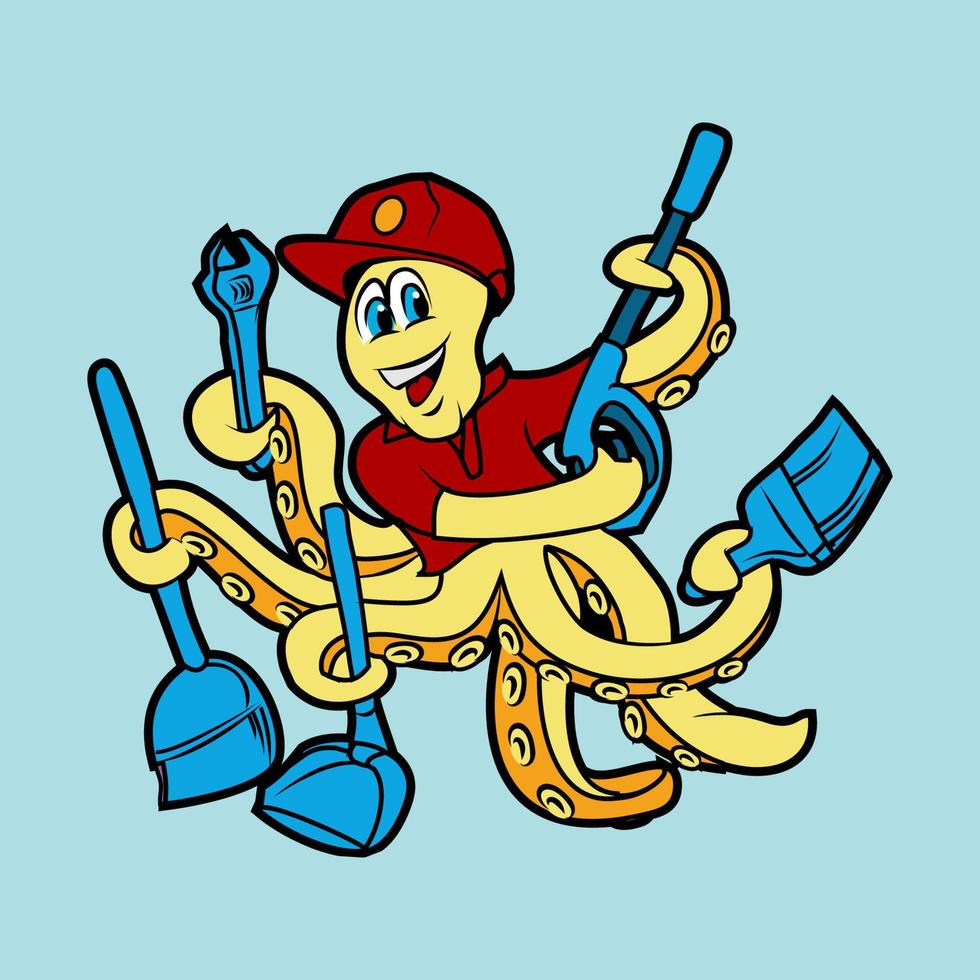 lindo pulpo divertido conserje servicio de limpieza con herramientas mascota logo vector