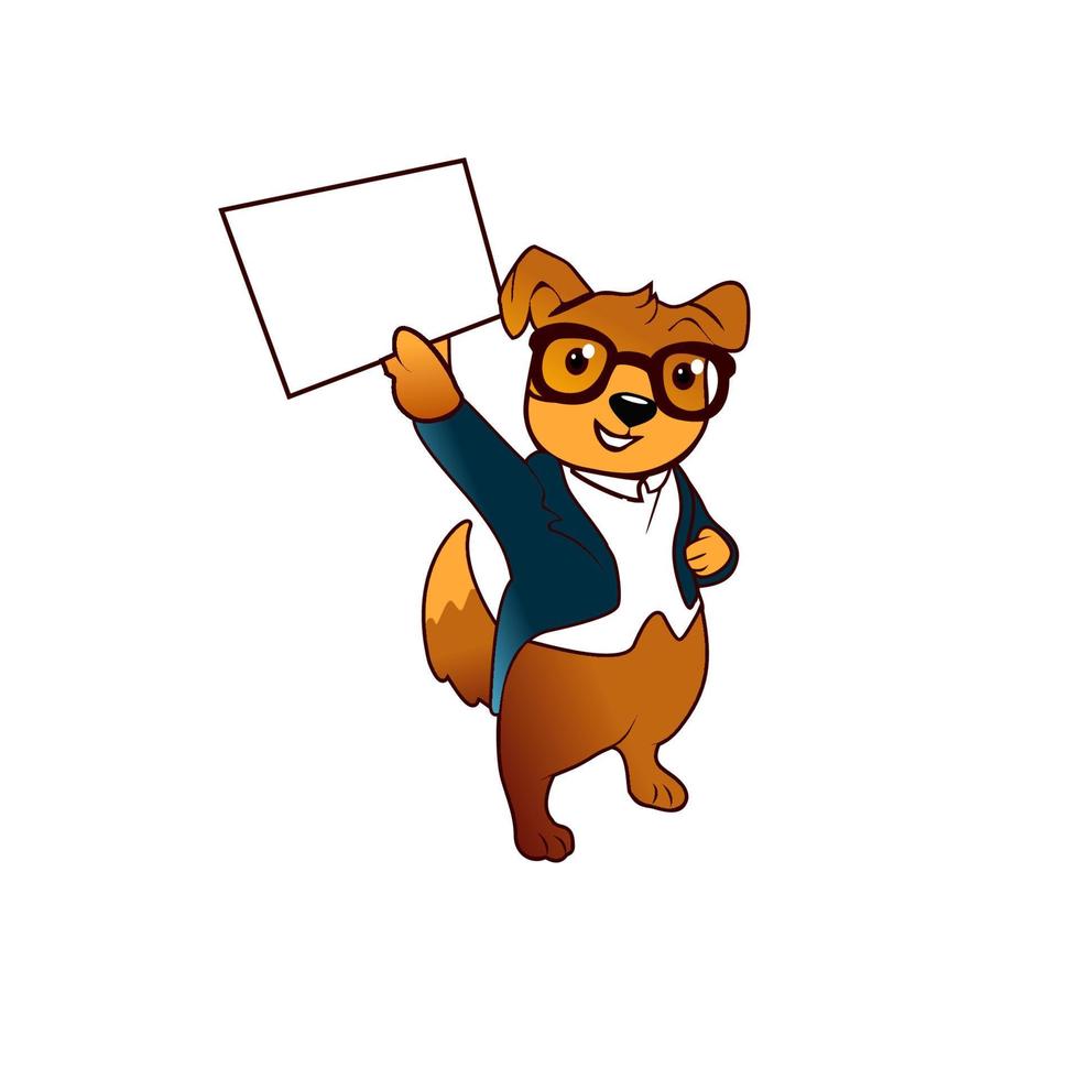 Cartoon smart dog logo mascot wearing glasses holding sign board vector