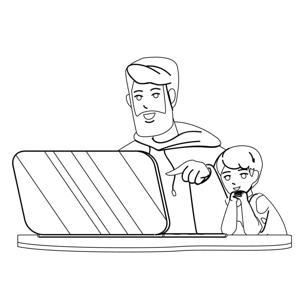 Kid Boy And Father Using Laptop Together Vector