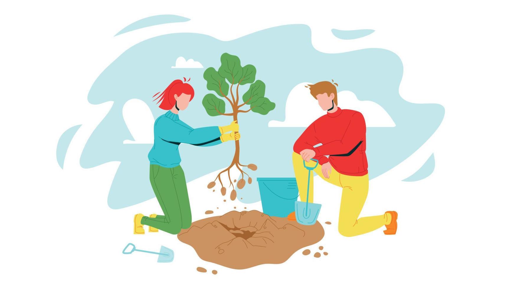 Man And Woman Volunteering Planting Tree Vector