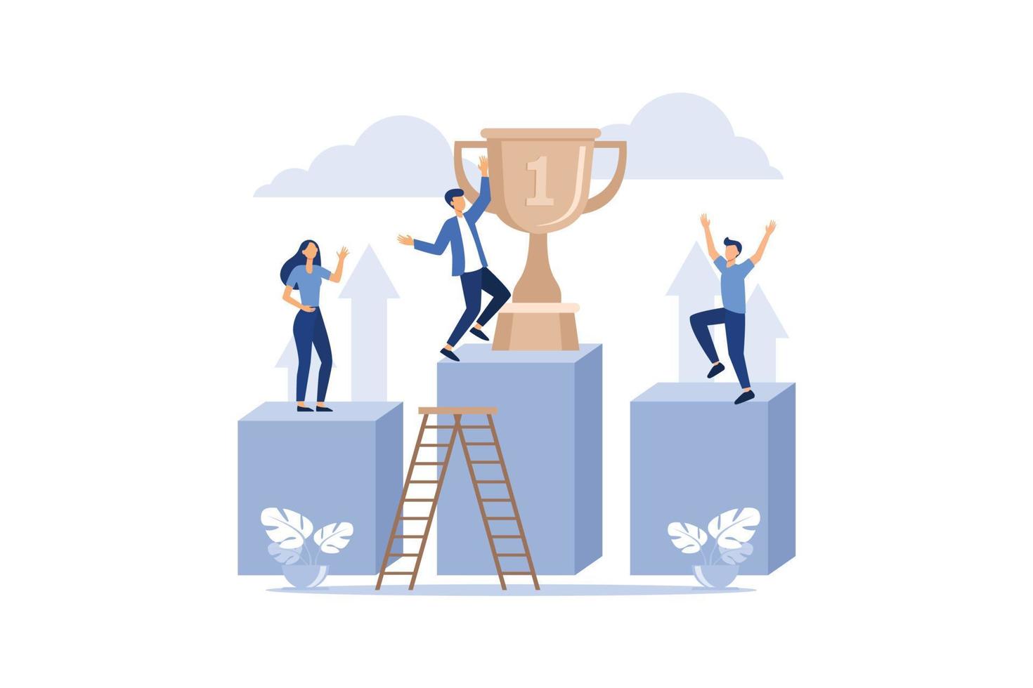 Vector illustration of business, leadership qualities in a creative team, direction on a successful path, small people are happy to have a winner, successful career, building