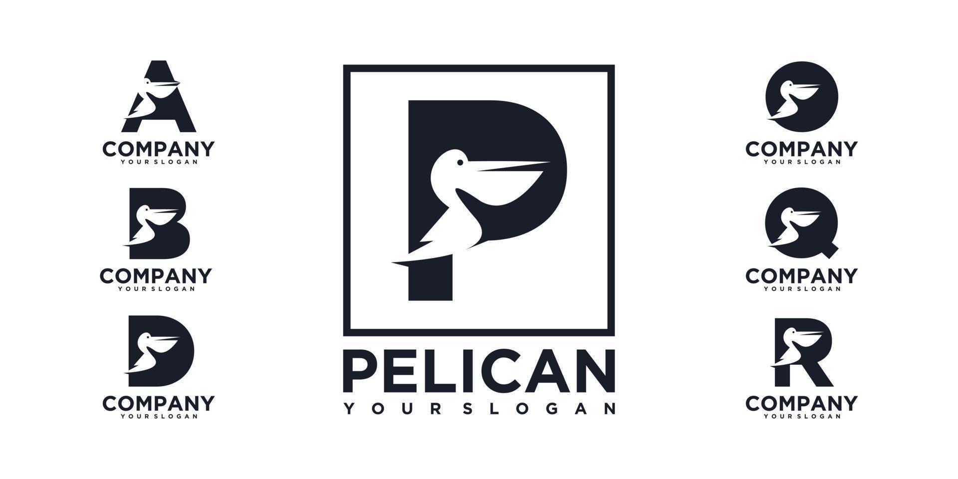 Set of Pelican logo reference, with initial concept, for business vector