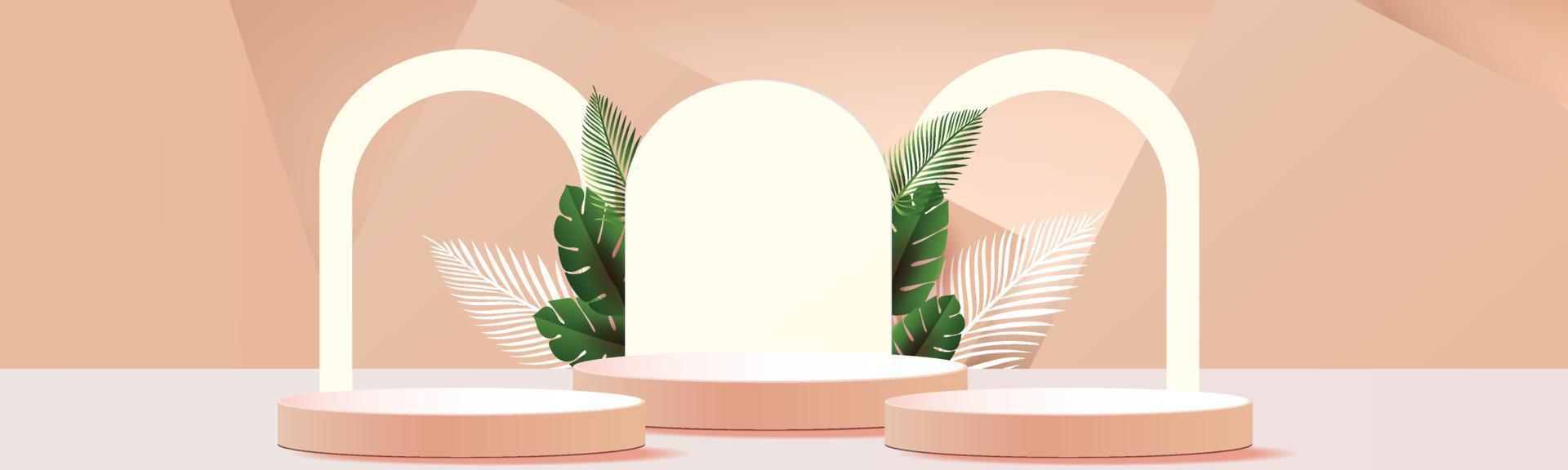 3d geometric podium mockup leaf tropical netural concept for showcase green background Abstract minimal scene product presentation vector illustation