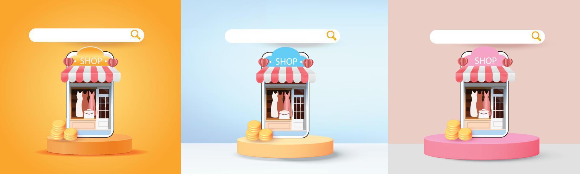online shopping on phone buy sell business digital  web banner application money advertising payment ecommerce vector search