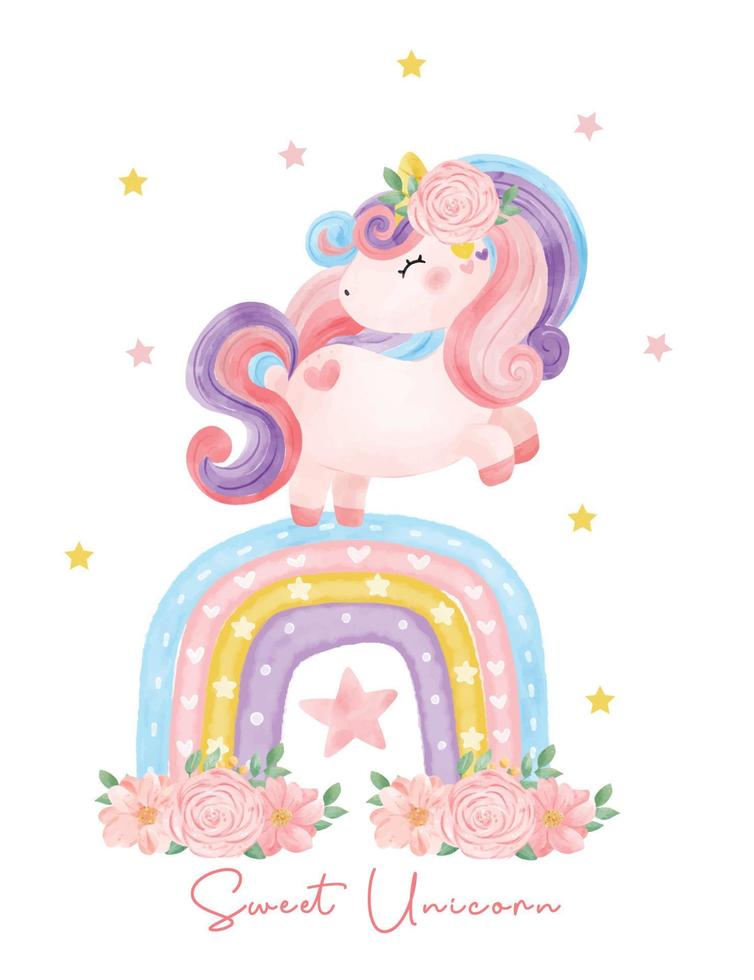 linda acuarela dulce floral mágico púrpura bebé unicornio con gafas de corazón sentado en el arco iris, dibujos animados doodle vector ilustración, estilo vivero