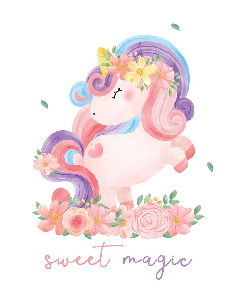 Cute watercolor sweet floral magical purple baby Unicorn in flower garden, nursery cartoon painting vector illustration