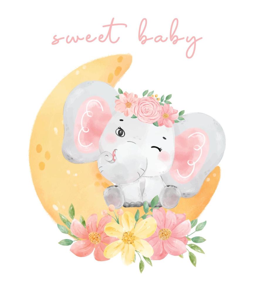 watercolor animal baby elephant pink sitting on floral crescent moon, nursery art illustration vector