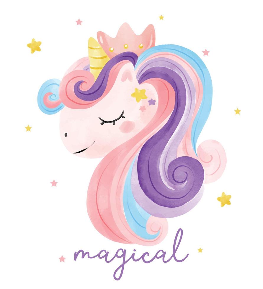 Cute watercolor magical purple Unicorn face, cartoon doodle vector illustration, nursery style