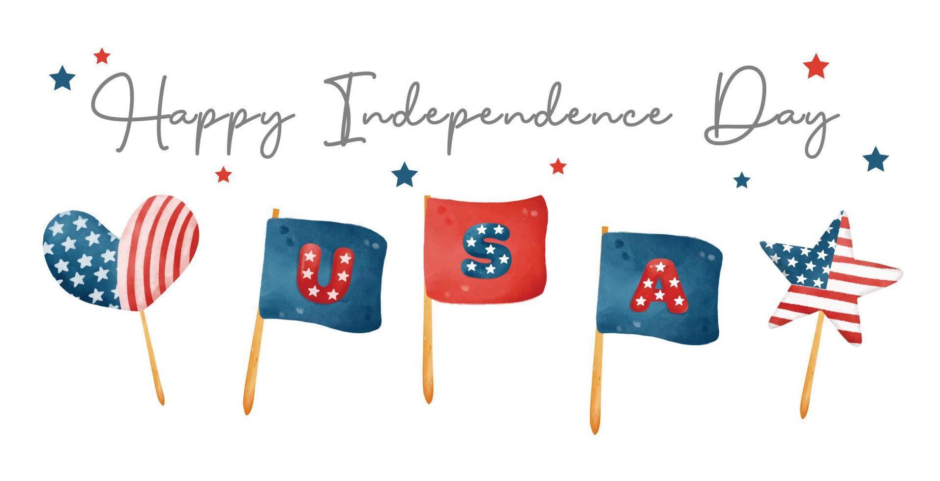 cute cartoon Digital painting watercolor 4th of July USA Flag element, Independence day element. vector