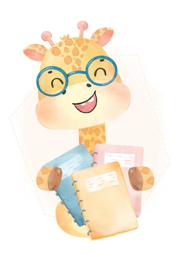 cute watercolor happy nerdy kid giraffe hugging books, back to school cartoon childhood animal wildlife watercolor vector