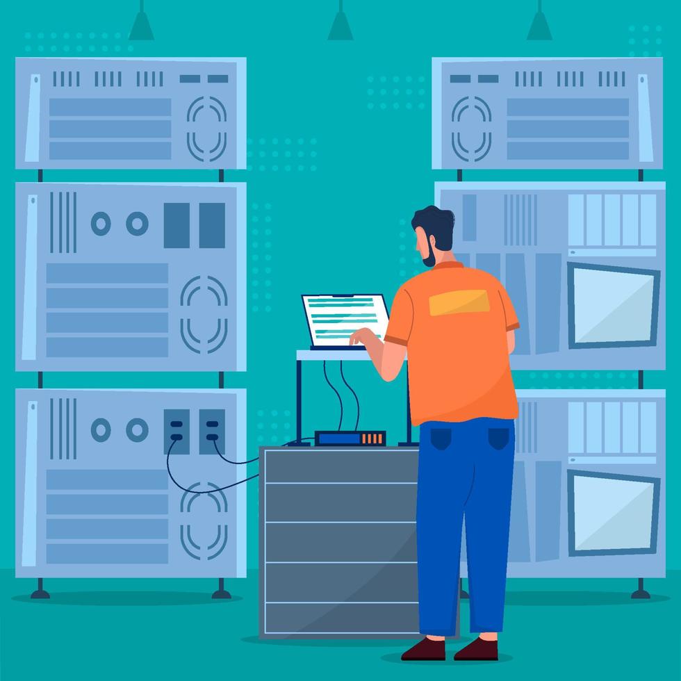 Technician Working In Data Center Room Concept vector