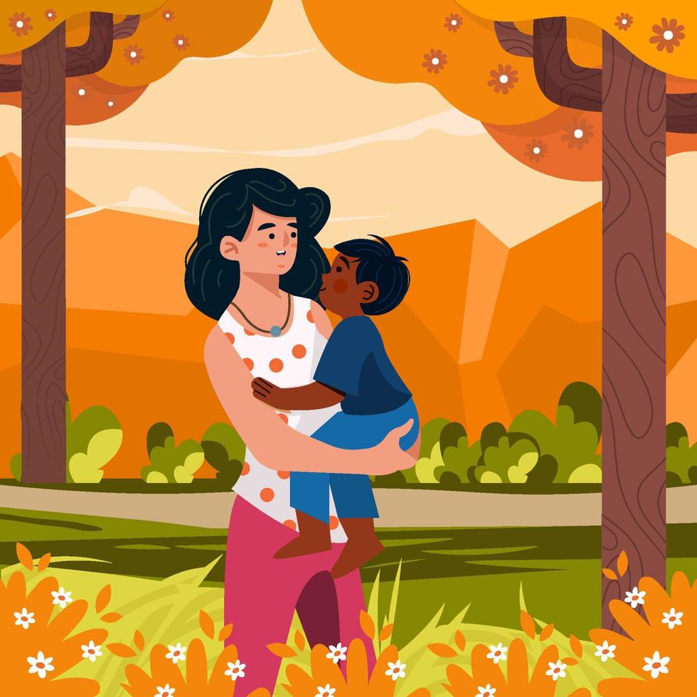 Mother Carrying Son Walking In The Park Concept vector