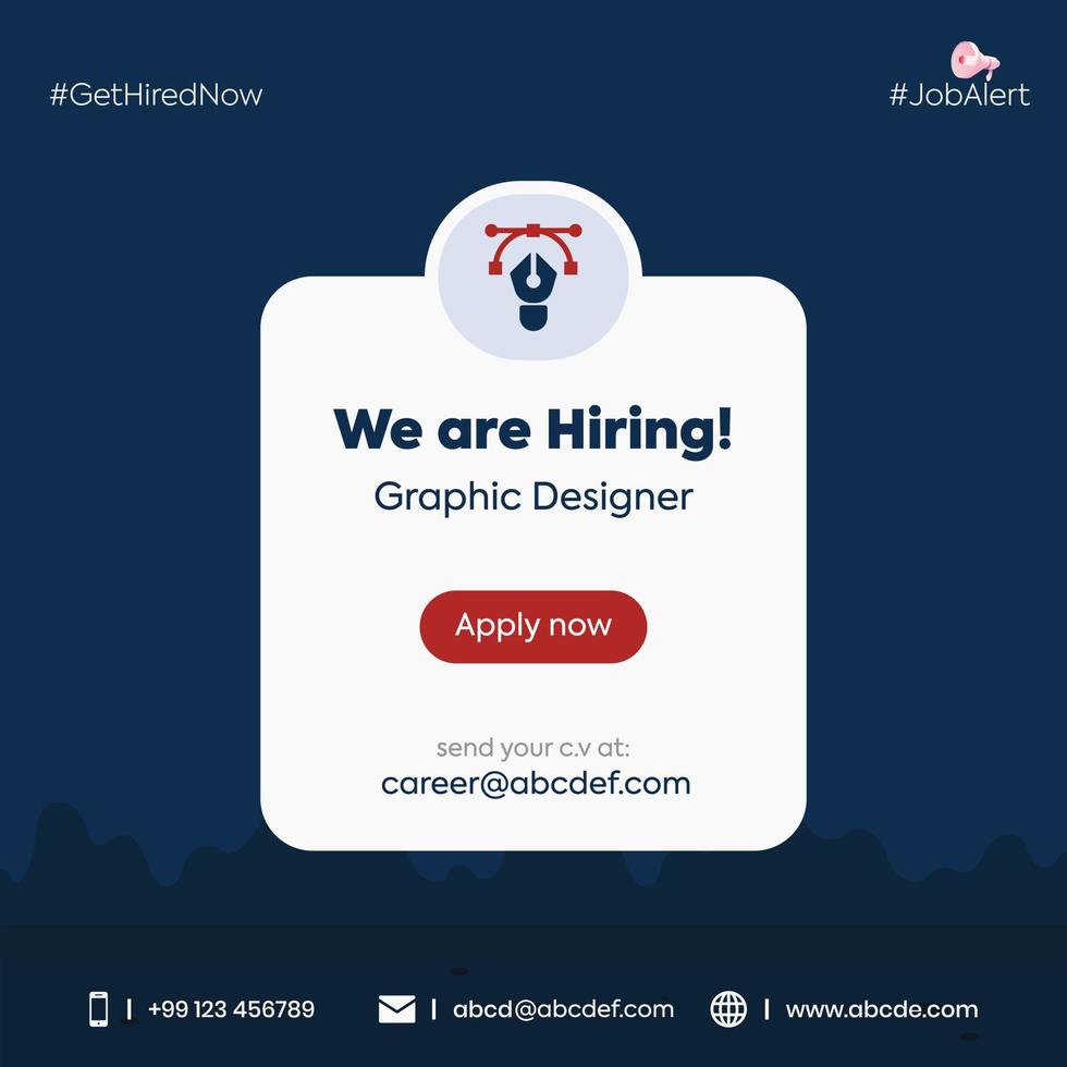 We are hiring a graphic designer post with pen tool icon. Graphic designer hiring social media post. company hiring poster concept. New Job Post vector