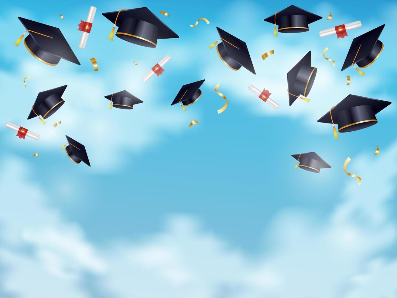 sombreros de graduación y fondo de pergaminos vector