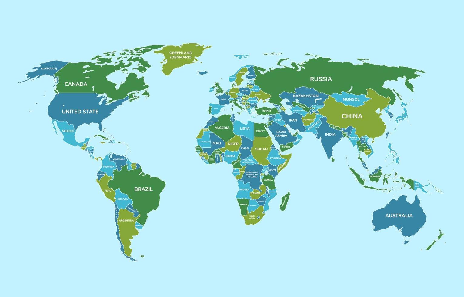 mapa político verde y azul del mundo vector