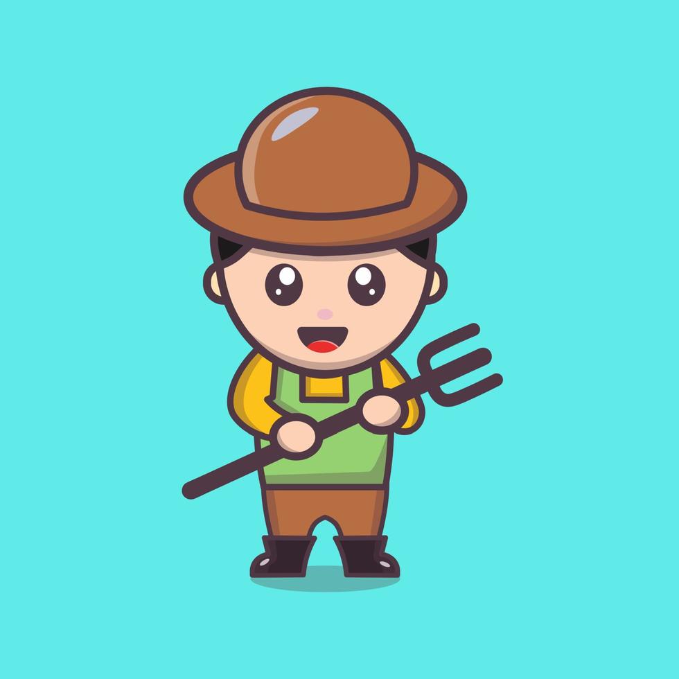 Cute cartoon character farmer vector design with fork. Cartoon character of  young farmer in green overall, yellow sweater, boots and straw hat. Little  gardener. Smiling boy with shiny eyes and freck 8249661